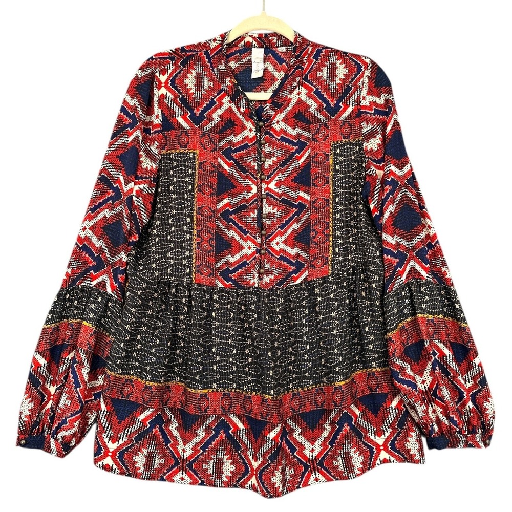 konrad joseph Womens M Geometric Print Button Front Blouse Long Sleeve Boho